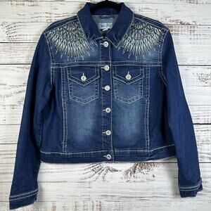 Womens NWOT Copper Flash Denim Jean Jacket Embroidered Silver Metallic Stretch L